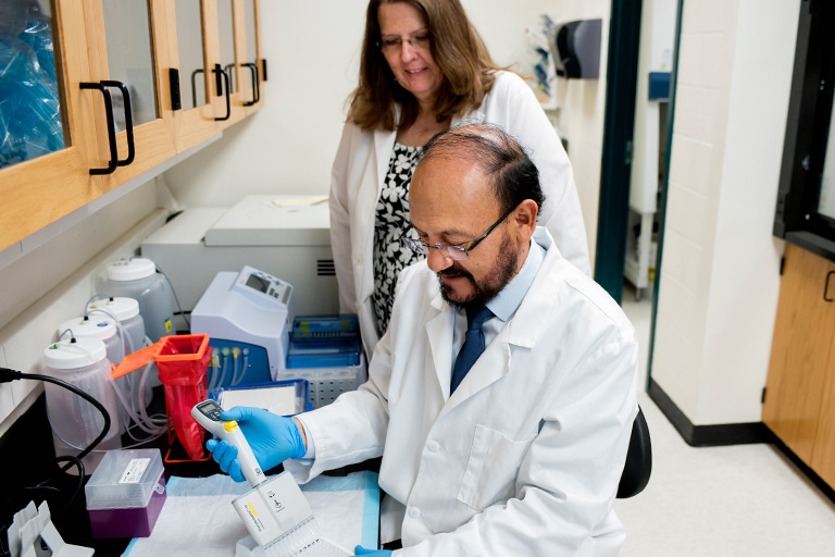 Two environmental health faculty members work in a lab