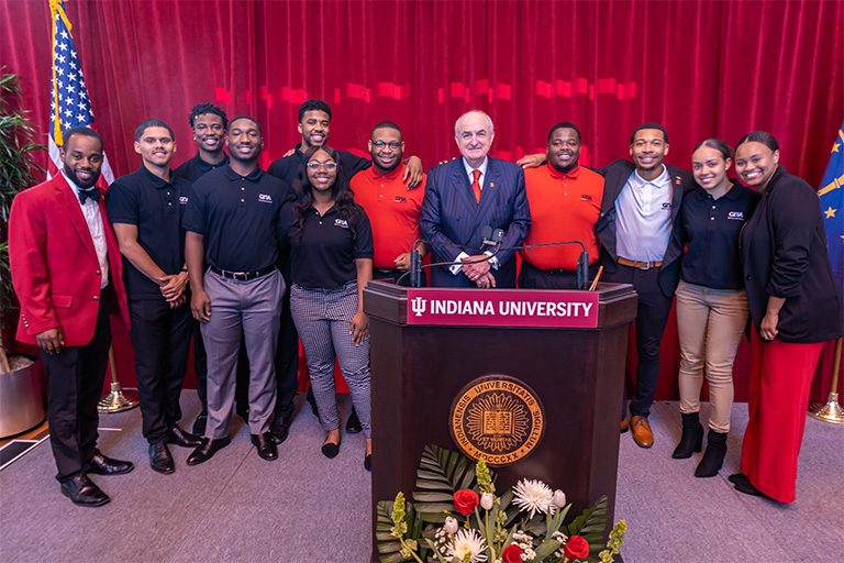 Indiana University President Michael A. McRobbie, the George Taliaferro Sport Association, and Dr. Hanks at the unveiling of the George Taliaferro Plaza and Statue at Indiana University.